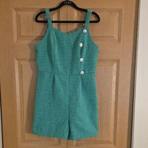 New York & Company Teal‎ Boucle Tweed Romper Jewel Buttons Women's M Chic Summer